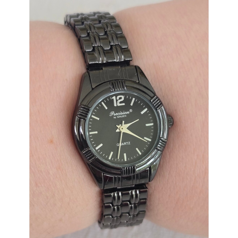 Precision by Gruen Vintage Black Women's Quartz Wristwatch Elastic Stretch Band